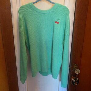 Mint Green Sweater with Embroidered Cherries